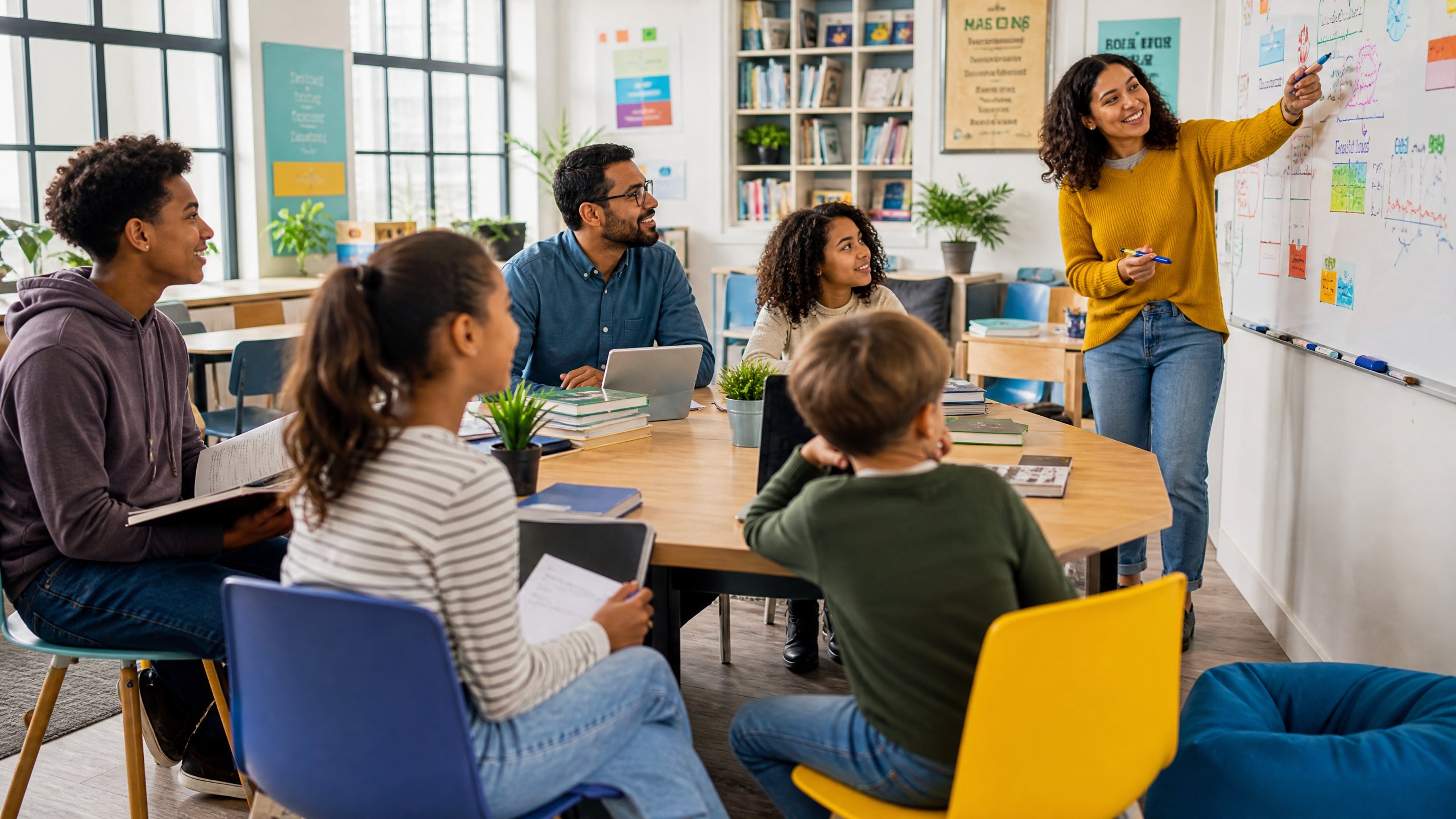 Estudantes aprendendo em ambiente educacional moderno