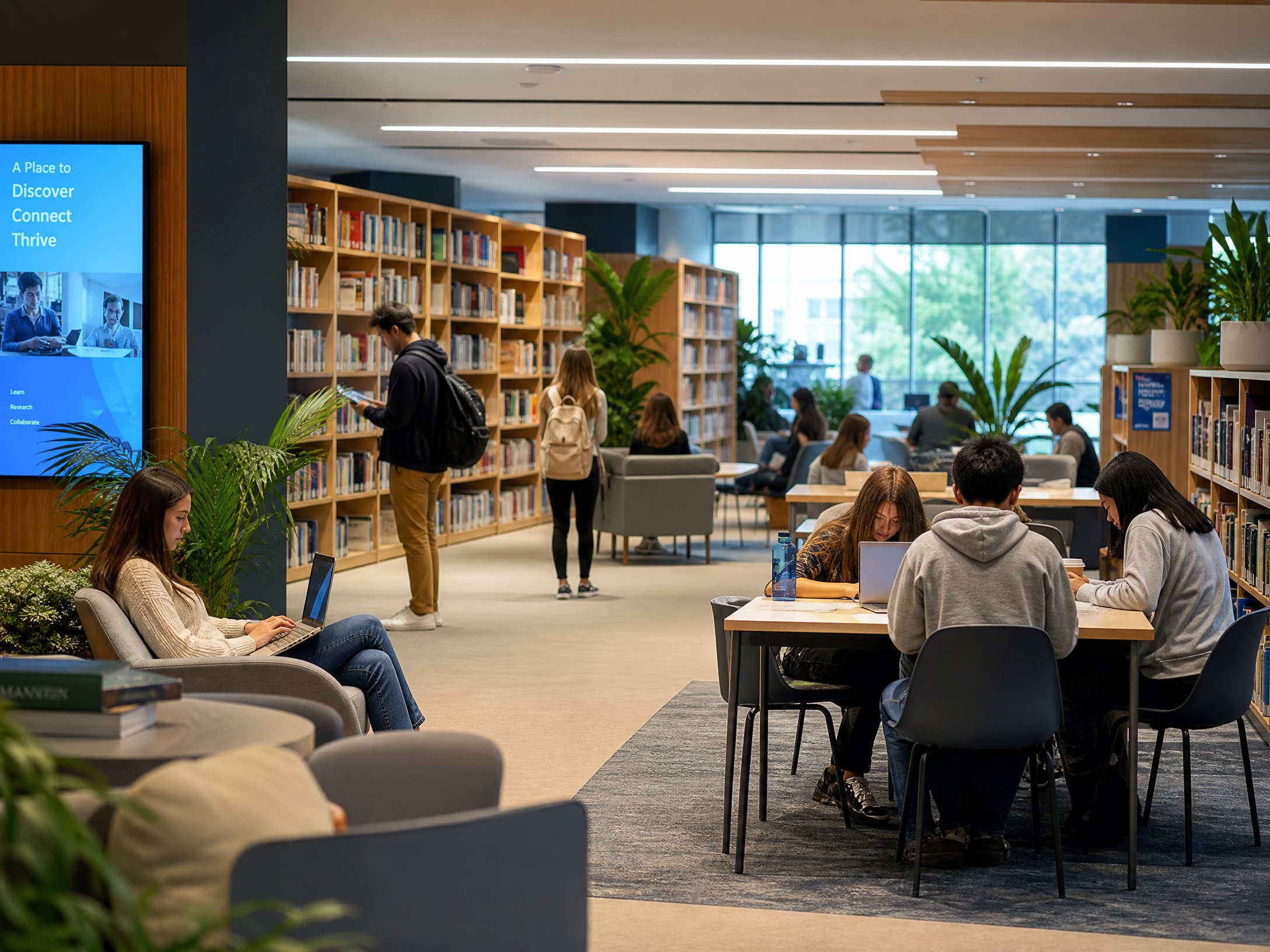 Biblioteca moderna com estudantes estudando